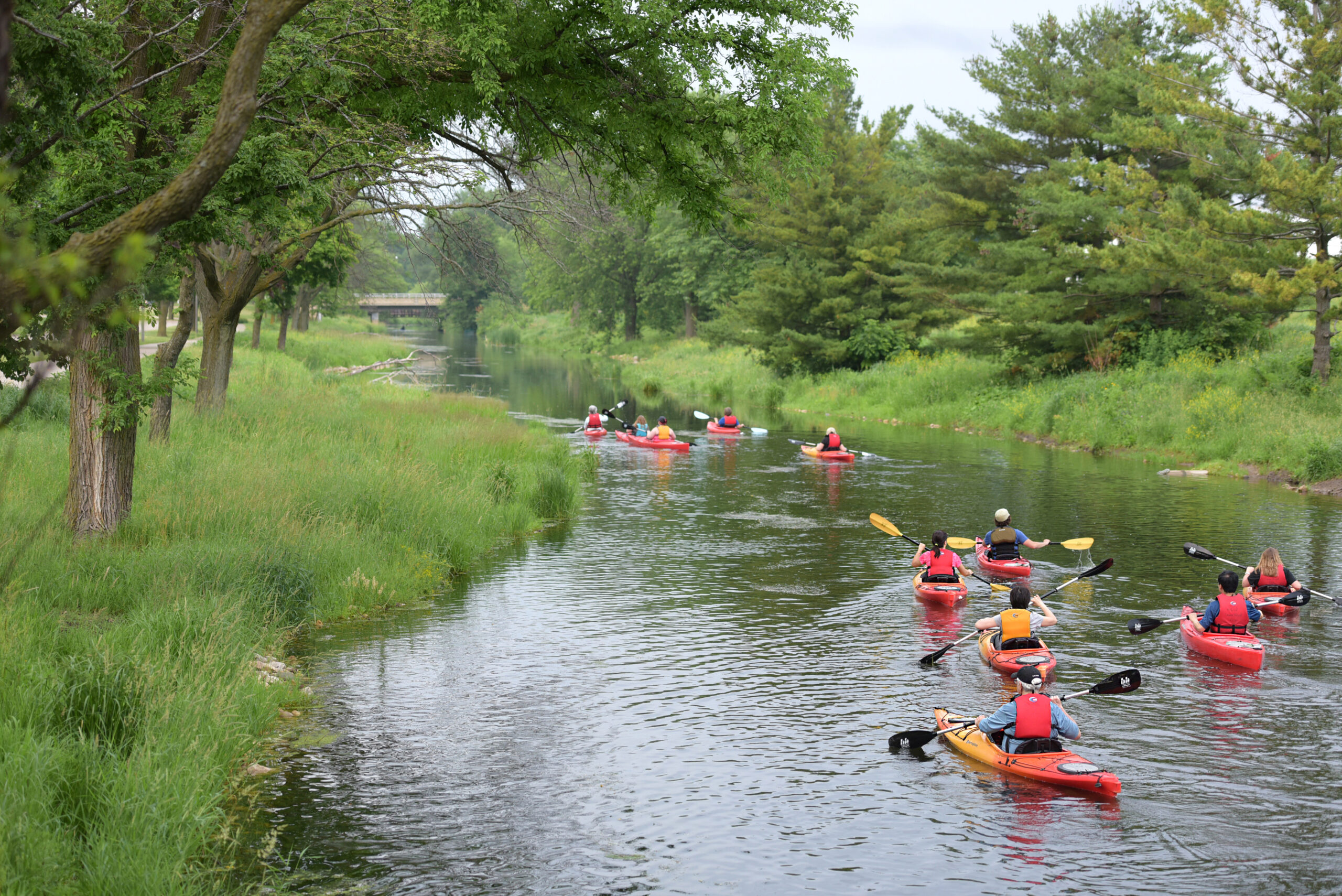 A large group of people kayaking down the Yahara river in Madison, WI