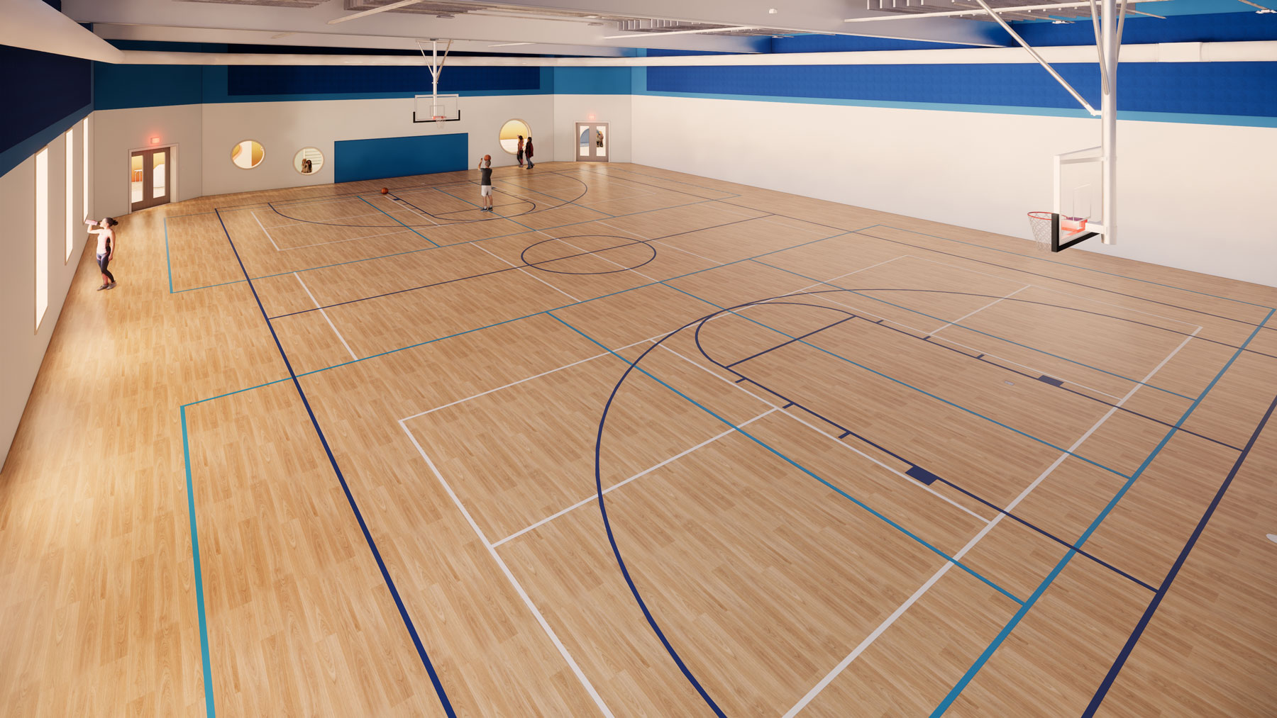 A rendering of a gymnasium with people practicing basketball