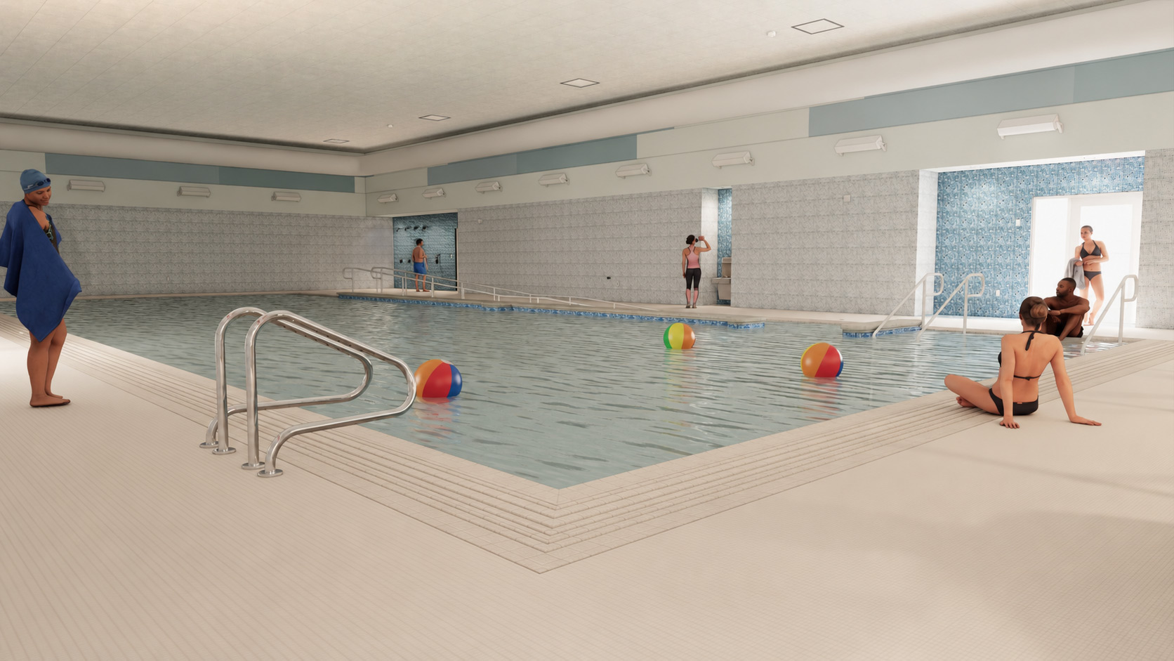 A rendering of an indoor pool at a recreation center with people lounging around it and beach balls floating in the water